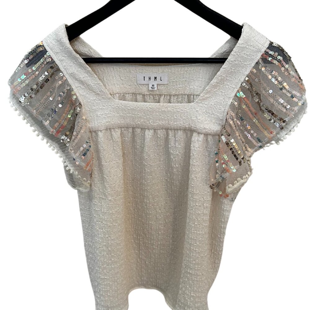 TMHL White Top with Multicolored Sequin Pom Pom Flutter Sleeve